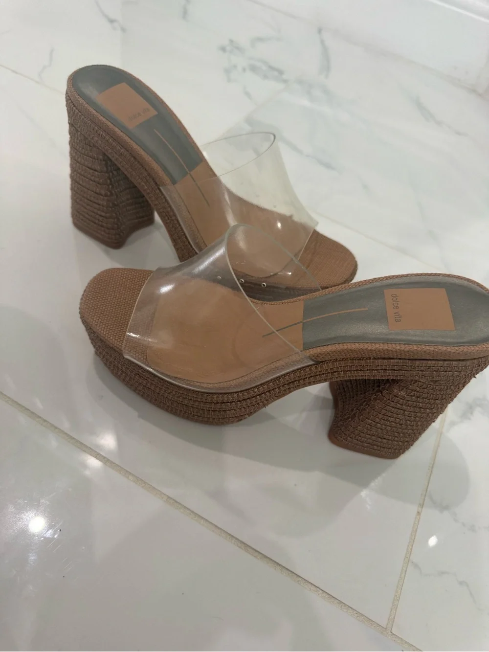 Dolce Vita Lichia Neutral Tan Platform Mule Heels with Clear Strap size 6 - Picture 3 of 7